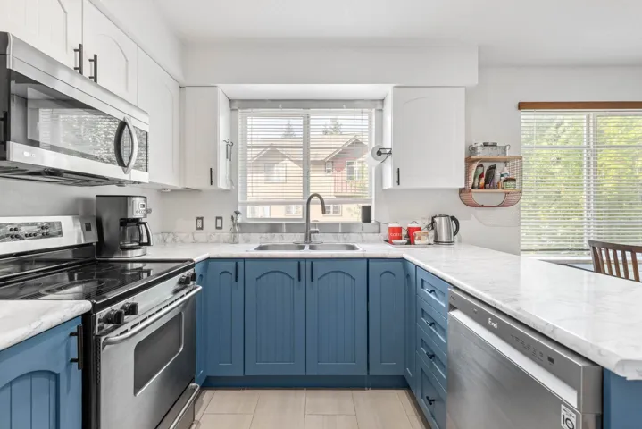 Kitchen with appliances with stainless steel finishes, blue cabinetry, white cabinets, and a peninsula