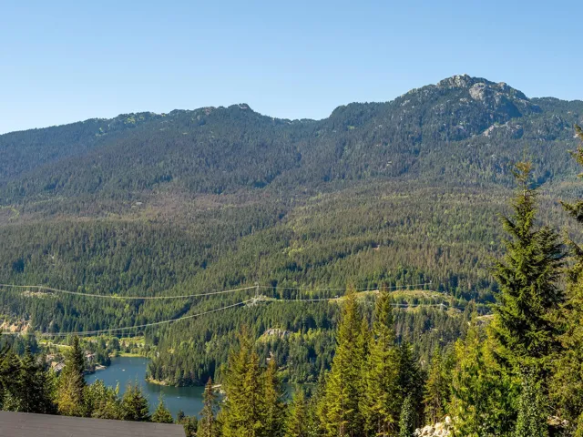 View of mountain backdrop featuring a nearby body of water and a forest