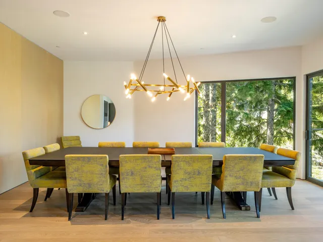 Dining room featuring light wood-type flooring, a chandelier, and recessed lighting