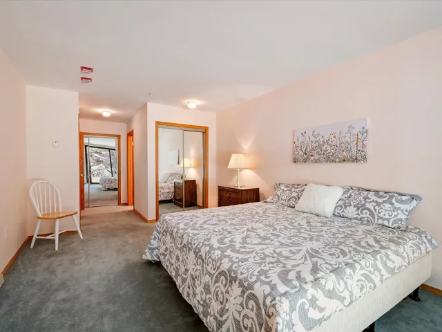 Carpeted bedroom featuring baseboards and a closet
