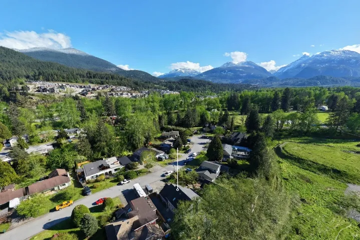 Aerial perspective of suburban area with a mountainous background and a forest