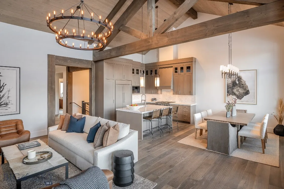 Open concept kitchen, dining, & living room. Furnishings by Gallatin Valley Design Group.
