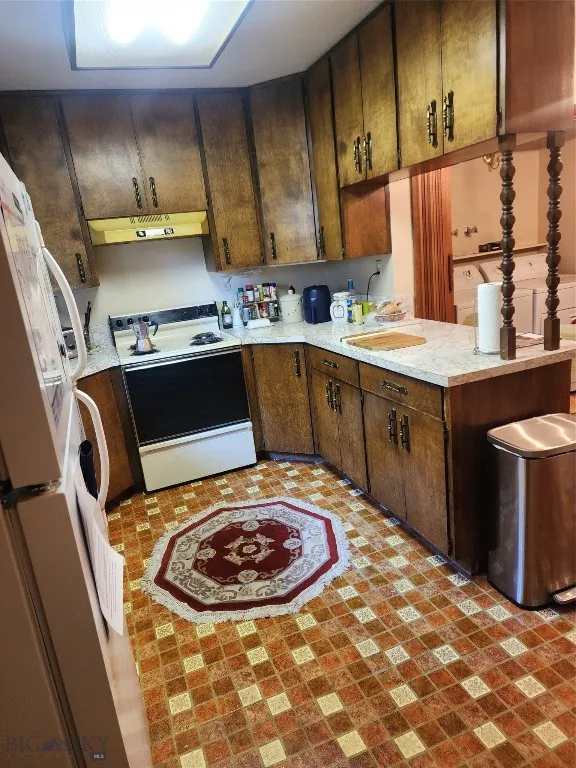 Kitchen with refrigerator, ventilation hood, dark brown cabinets, and range