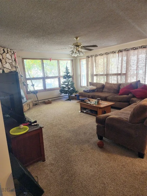 Carpeted living room with a textured ceiling and ceiling fan