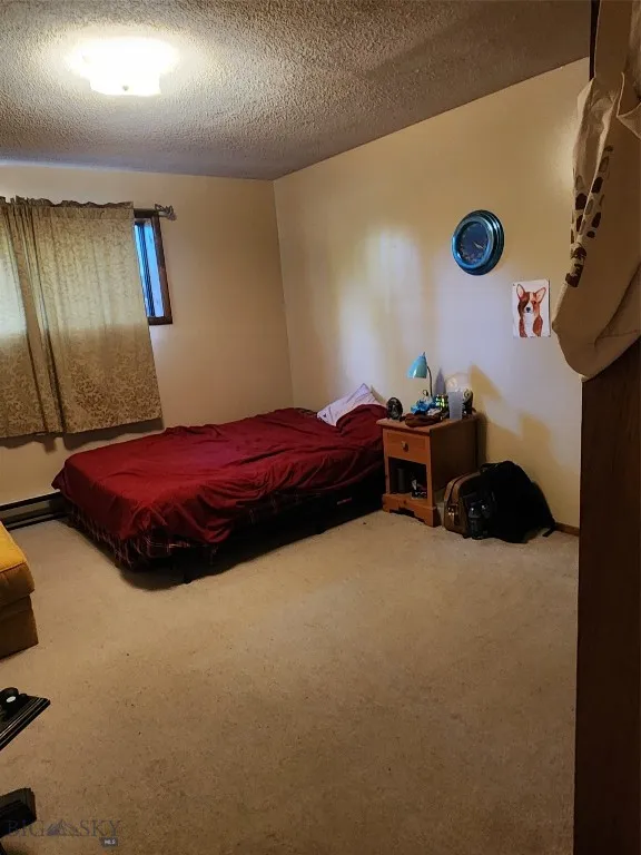 Carpeted bedroom featuring a textured ceiling
