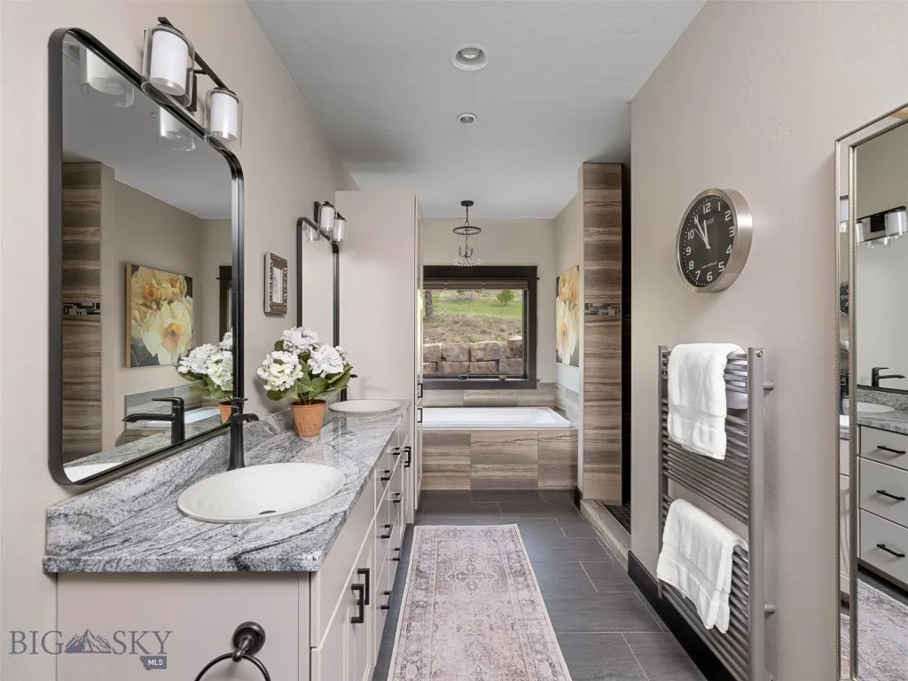 Primary bath double vanity - heated towel bar