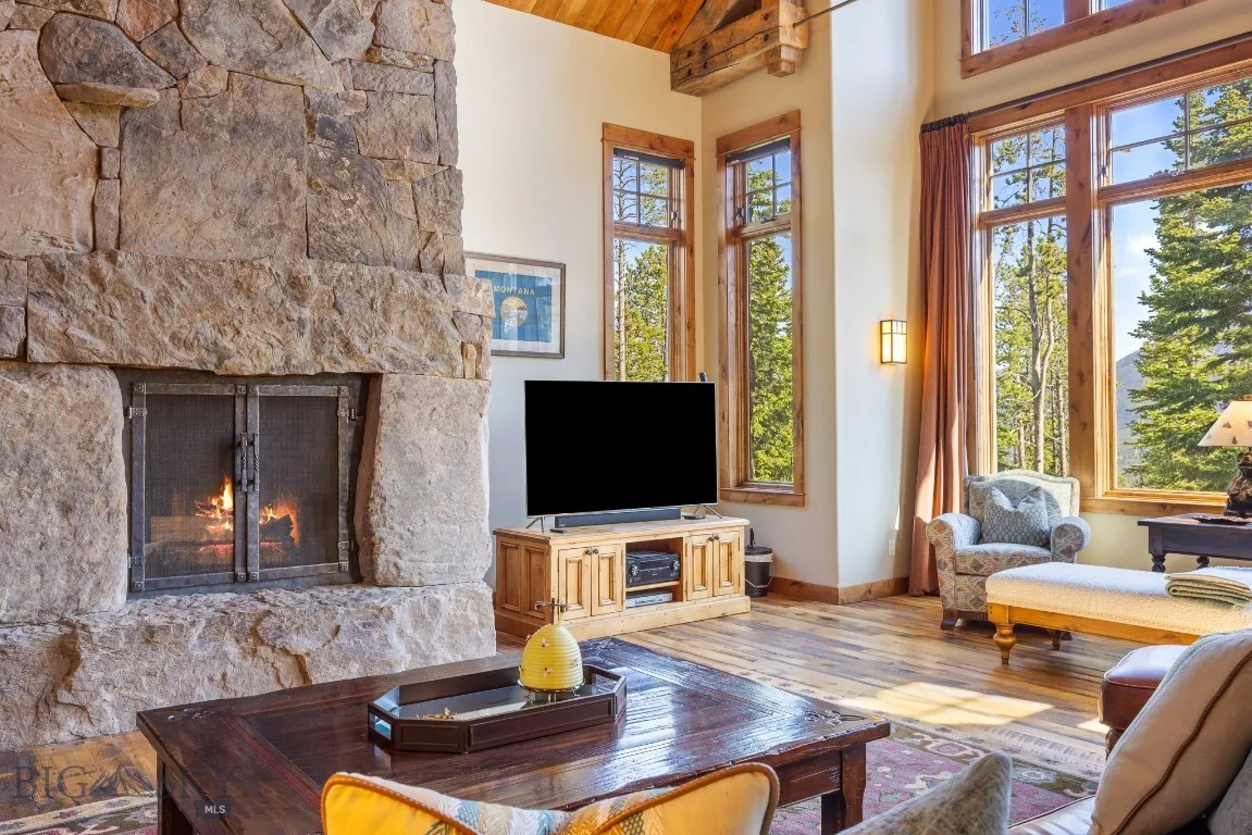 Impressive rock wood burning fireplace
