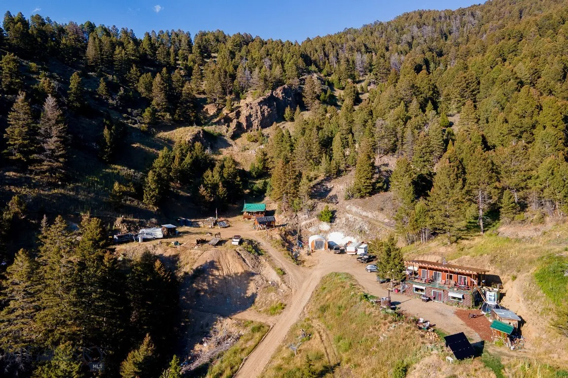 Aerial of Main Cabin, Guest Cabin, Assay Lab, Mine
