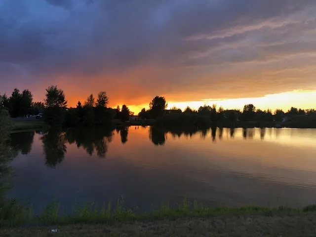 Community pond at sunset