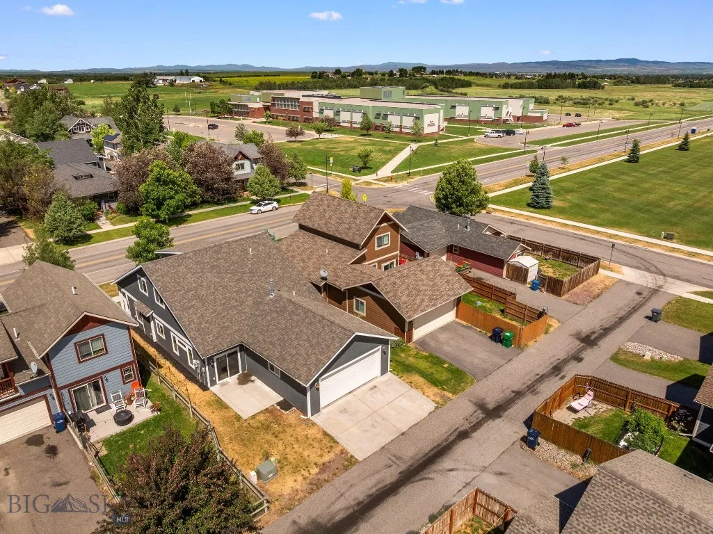 Back exterior aerial w/ Bozeman City Park just 2 doors down