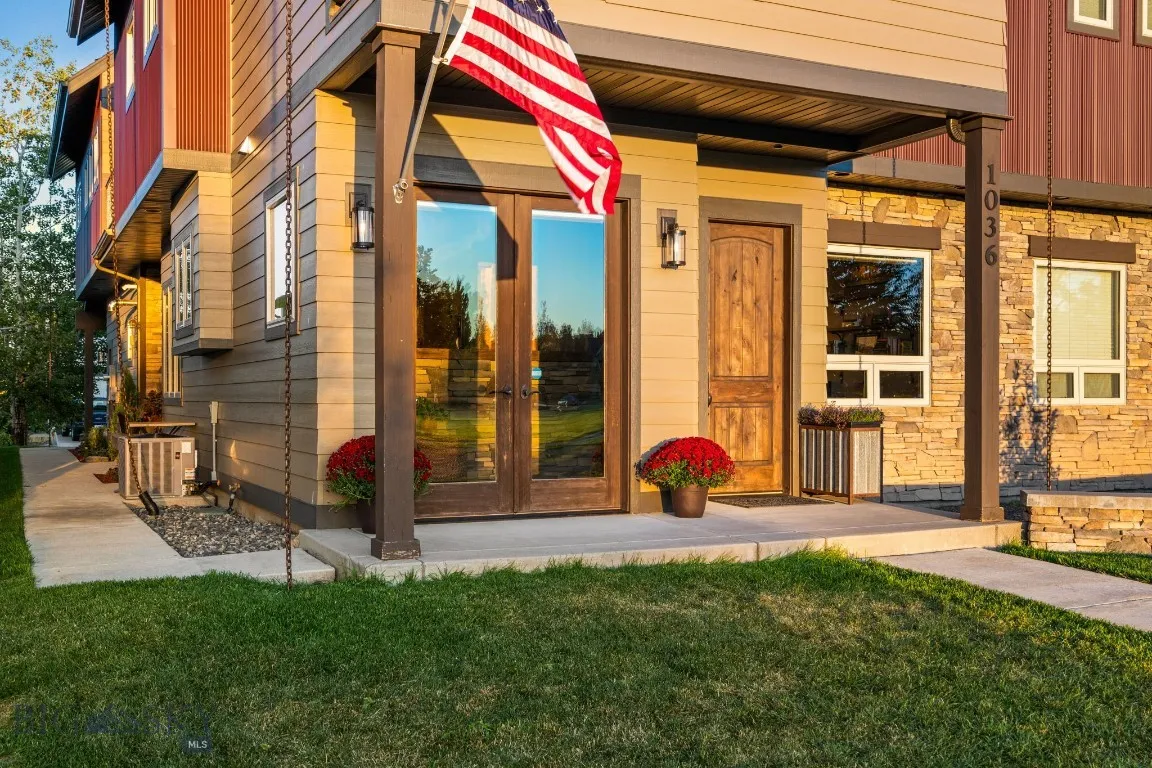 Property entrance with french doors looking out at park