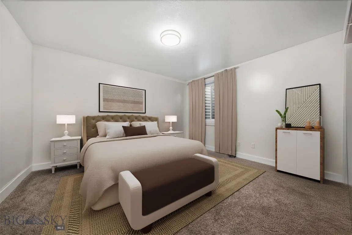 Downstairs bedroom 2. This image has been virtually staged. Furniture and decor shown for illustrative purposes only and do not convey.