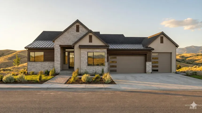Modern exterior featuring stacked stone accents, horizontal siding, metal roofing details, and a three-car garage with horizontal glass panel inserts