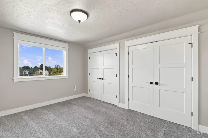 Neutral wall color, carpeted flooring, window with white trim, two white panel doors, and a ceiling-mounted light fixture