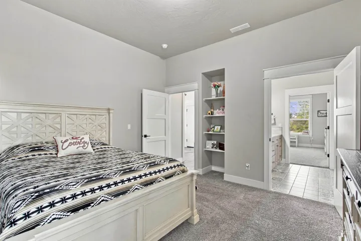 Light gray wall paint, recessed shelving, carpeted flooring, white trim, and white paneled doors