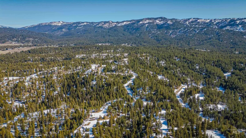 Aerial overview of property's location with a mountain backdrop and a heavily wooded area