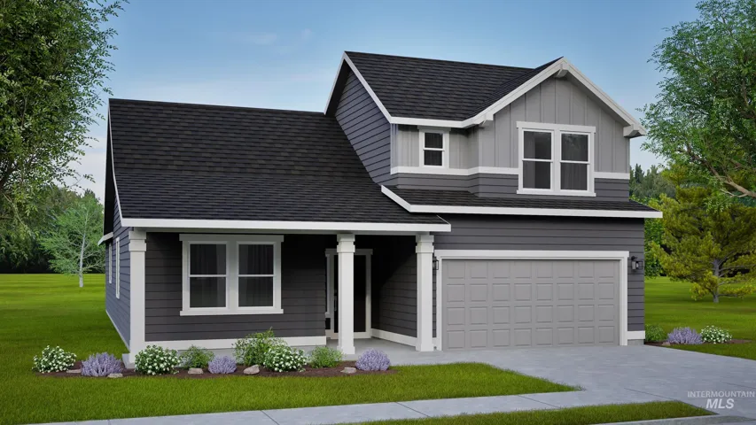View of front facade featuring a front lawn, a garage, roof with shingles, and driveway
