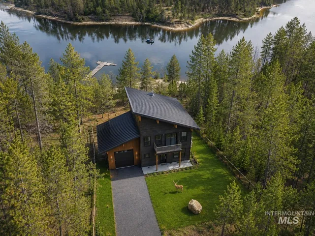 Modern architectural home featuring a dark wood-finish exterior and a sloped black roof
