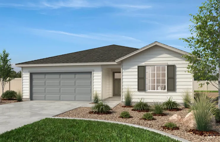 White paneled siding exterior with dark gray shutters, asphalt shingle roof, and an attached two-car garage
