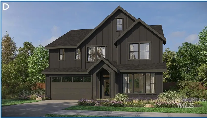 Modern farmhouse exterior with dark vertical siding, contrasting black-framed windows, an attached garage, and a covered entry