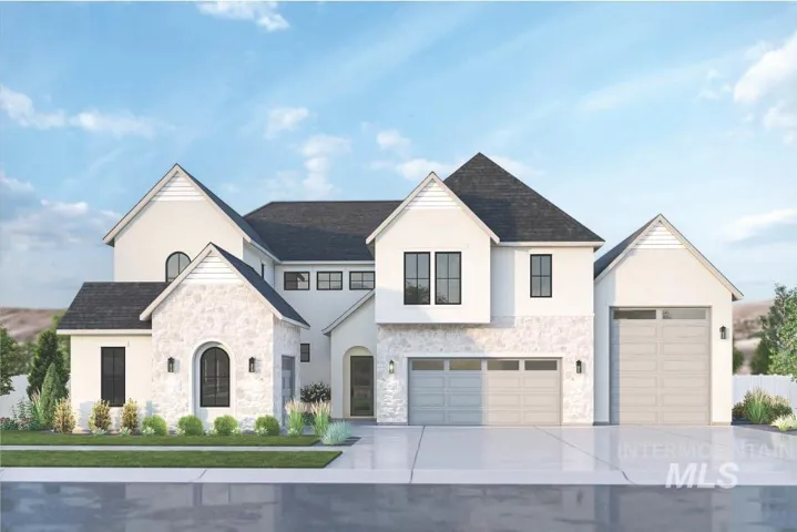 View of front of property with stone siding, driveway, a shingled roof, and stucco siding