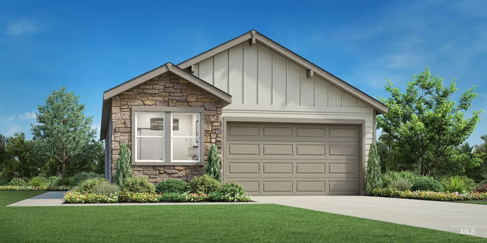 Contemporary exterior featuring a stone facade accent, vertical board and batten siding, and a two-car garage