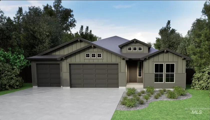 View of front facade featuring board and batten siding, an attached garage, concrete driveway, and a front yard