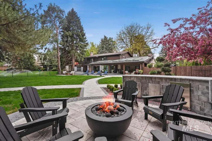 Fenced backyard with a patio area and an outdoor fire pit