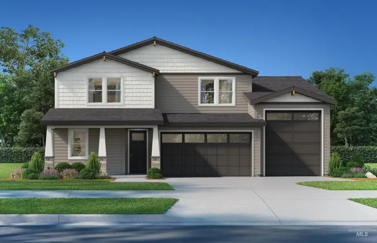 Two-story exterior with a covered entry, decorative stone accents, and shingle siding