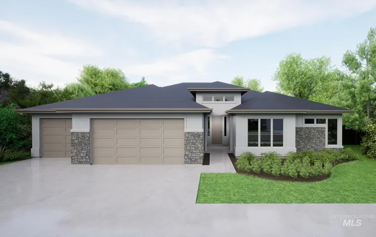 Contemporary single-story residence featuring a dark gray roofline, light gray stucco, and stone accents