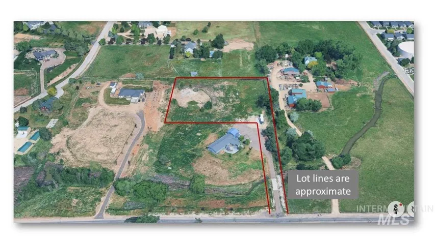 Aerial overview of property's location featuring property boundaries highlighted