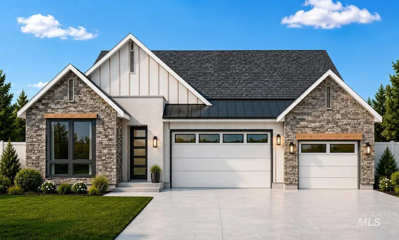 Stone and vertical siding exterior with gabled roof lines