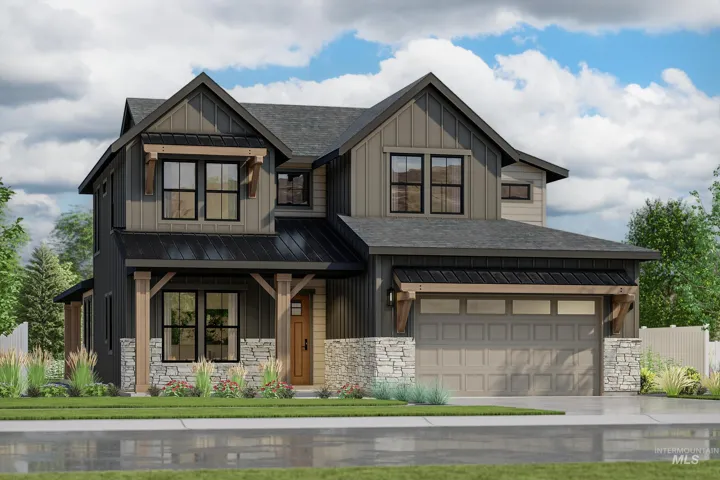 Modern farmhouse exterior featuring board-and-batten siding, stone accents, a prominent two-car garage, dark-framed windows, and a covered entry