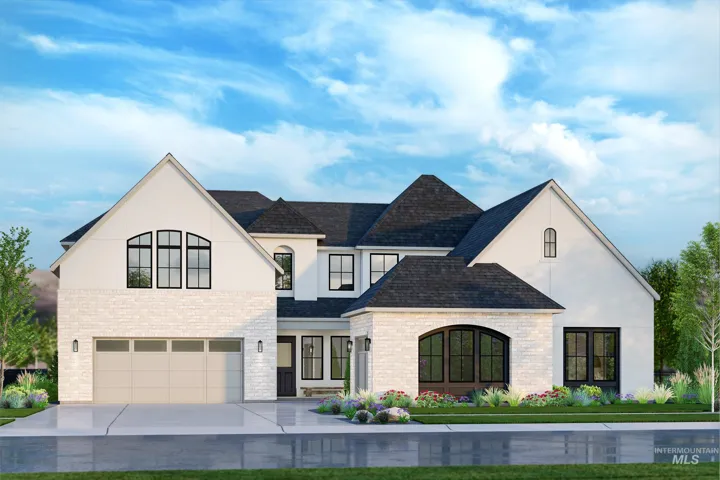 White stone and stucco exterior with dark-framed windows