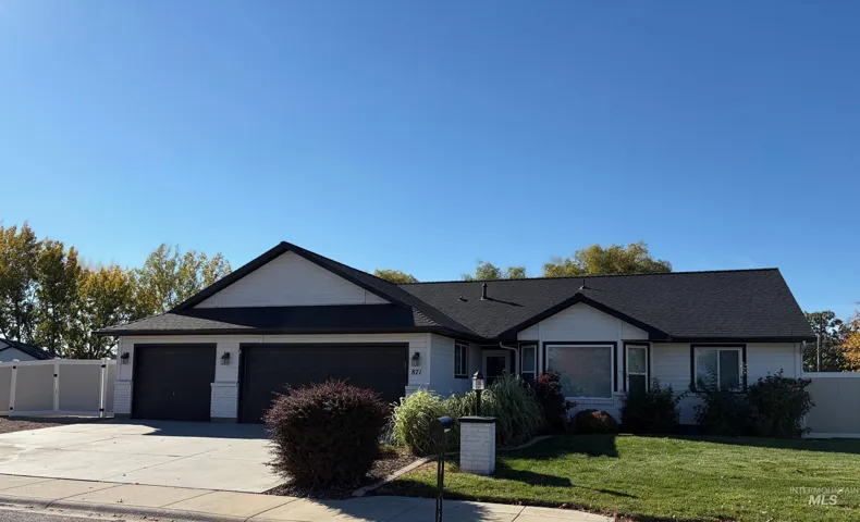 Single-story exterior featuring white horizontal siding, dark-toned roof shingles, an attached three-car garage, and concrete driveway