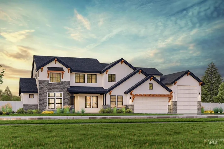 Modern farmhouse exterior with dark-framed windows, stone accent siding, and multiple garage doors